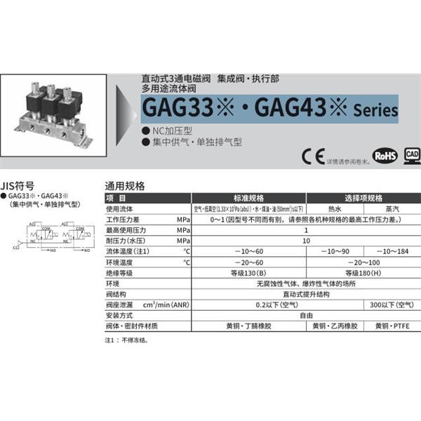 CKD喜開理多種流體直動式2通電磁集成閥GAG331-1-0-AC100V
