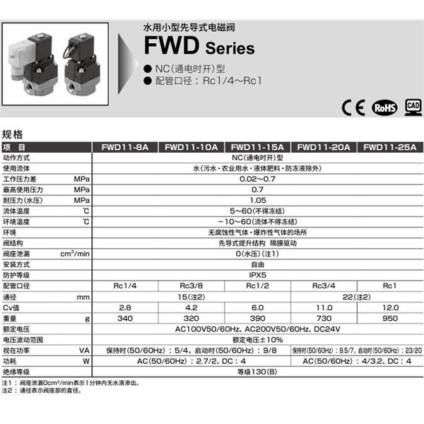 CKD喜開理水用小型先導(dǎo)式電磁閥FWD11-10N-D2GSB-AC200V