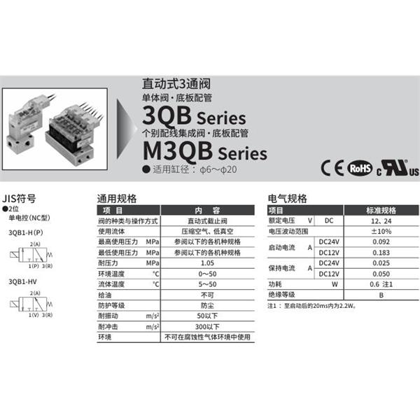CKD喜開理直動(dòng)式3通電磁閥3QB110-M5-D22HV-4