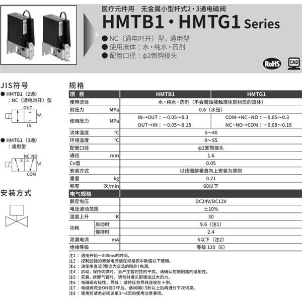 CKD喜開理醫(yī)療儀器用無金屬小型桿式2?3通電磁閥HMTG1-2TN-PN-DC12V
