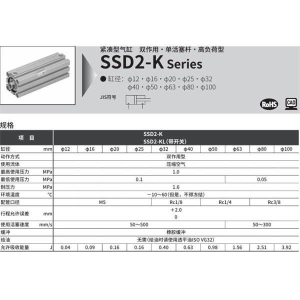 CKD喜開(kāi)理緊湊型氣缸SSD2-K-63-10-N-LB-I