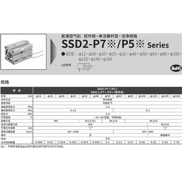 CKD喜開理緊湊型氣缸SSD2-63-5-NP7