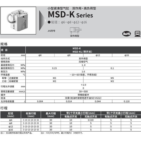 CKD喜開(kāi)理小型緊湊型氣缸MSD-KL-8-10-F0H-R-R