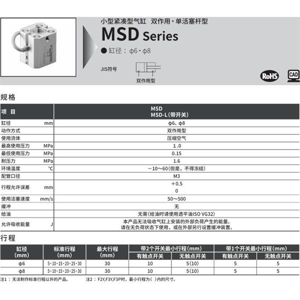 CKD喜開理小型帶線性導(dǎo)軌緊湊型氣缸MSD-6-25-R