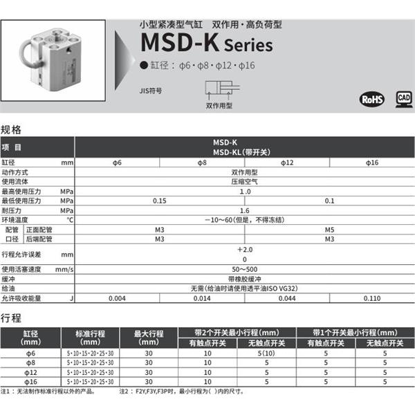 CKD喜開理小型帶線性導(dǎo)軌緊湊型氣缸MSD-K-8-15-R