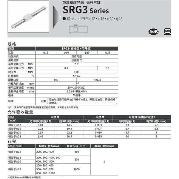 CKD喜開理高精度導(dǎo)軌超級無桿氣缸SRG3-LB1-16B-200-A